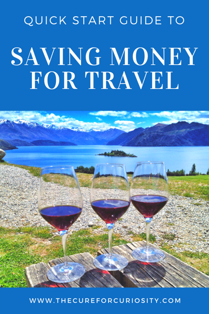Pinterest pin about saving money for travel featuring three wine glasses in Lake Wanaka, New Zealand