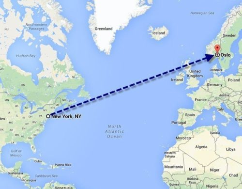 A map indicating my travel path from New York to Oslo, Norway