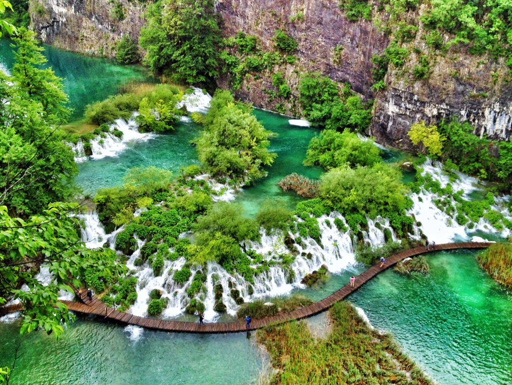 A birds eye view of Plitvice Lakes National Park and its many waterfalls