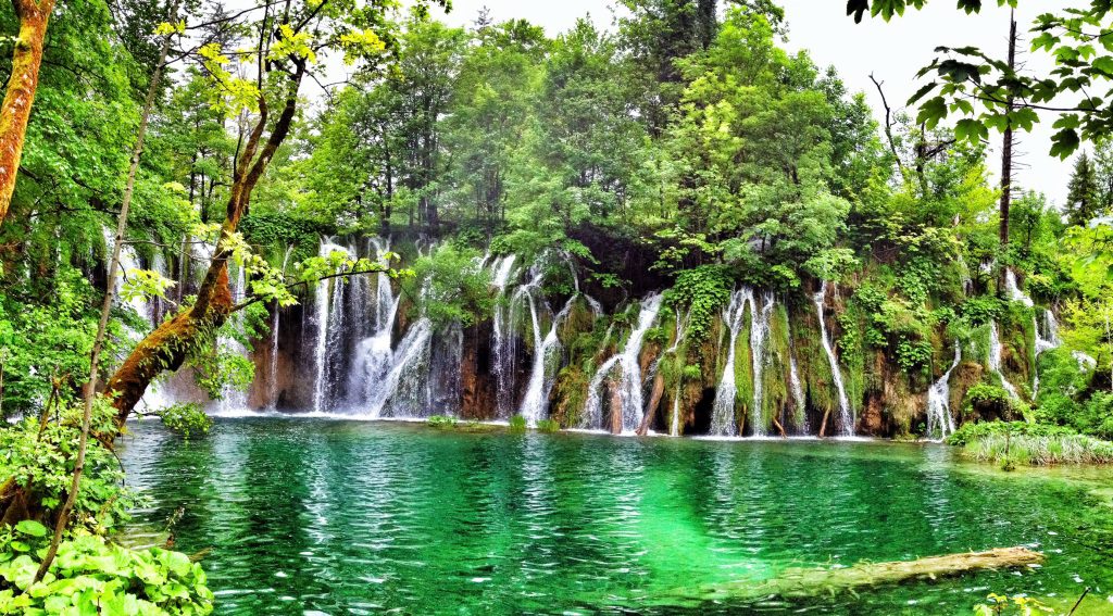 A panoramic view while visiting Plitvice Lakes National Park - dozens of waterfalls crashing into the turquoise water