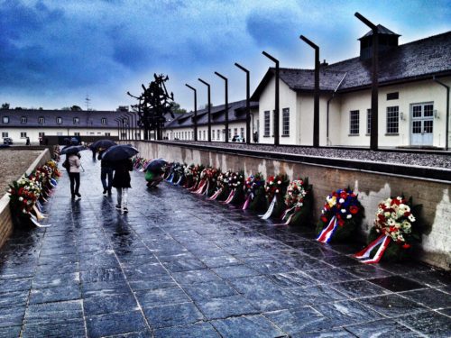 Wreaths commemorating 70 years of liberation at Dachau