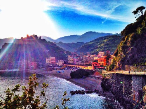 The quaint Italian town of Monterosso al Mare tucked into the hillsides