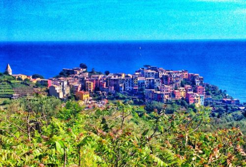 The hillside town of Corniglia in the distance with the ocean set behind it