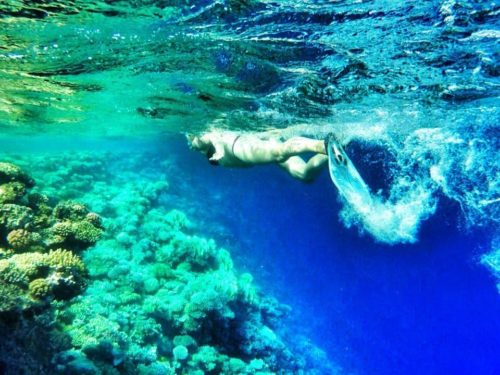 Woman swimming above coral in blue water with fins on