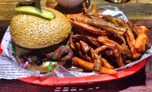 Roo Burger and sweet potato fries