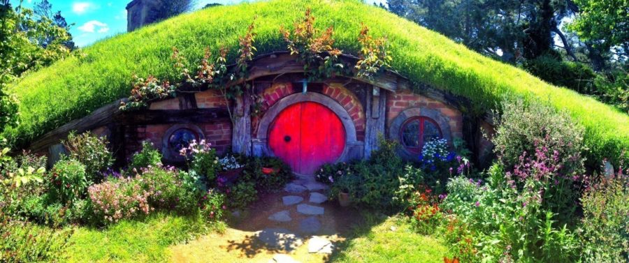 A picturesque hobbit hole with a red door and flowers - part of the tour when visiting Hobbiton