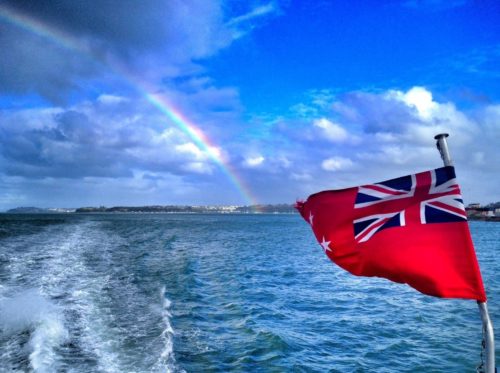 The rainbow over the bay after the rain on the way back to Auckland