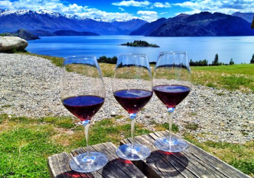 Sipping wine overlooking Lake Wanaka in New Zealand