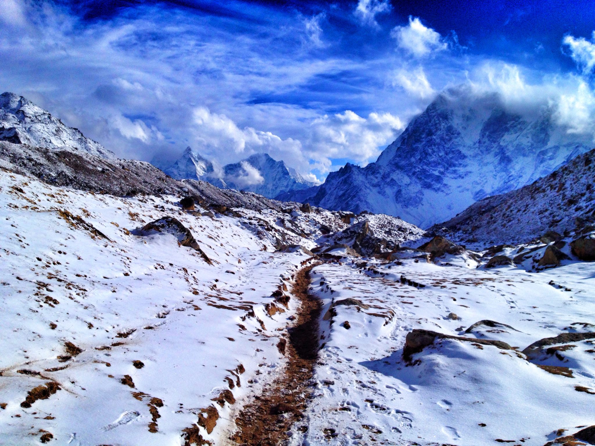 Hiking through Snow on the way to Mount Everest Base Camp