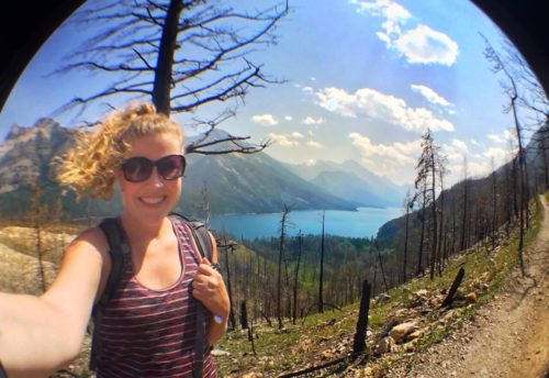 Selfie looking into Upper Waterton Lake in Alberta, Canada