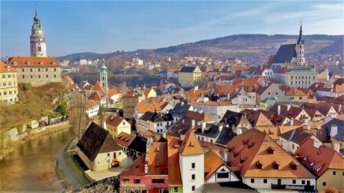 View over the red roofs and river of Cesky Krumlov