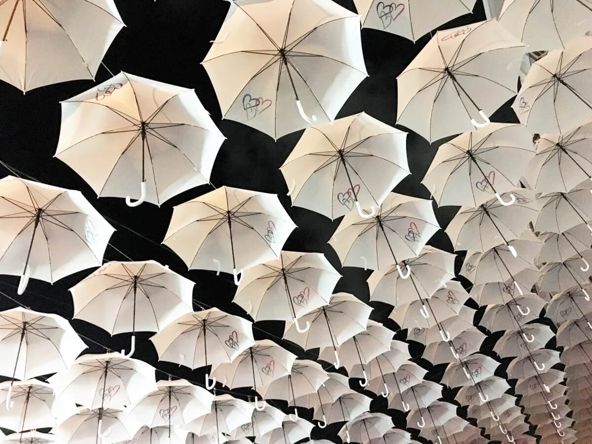 White Umbrellas against the night sky