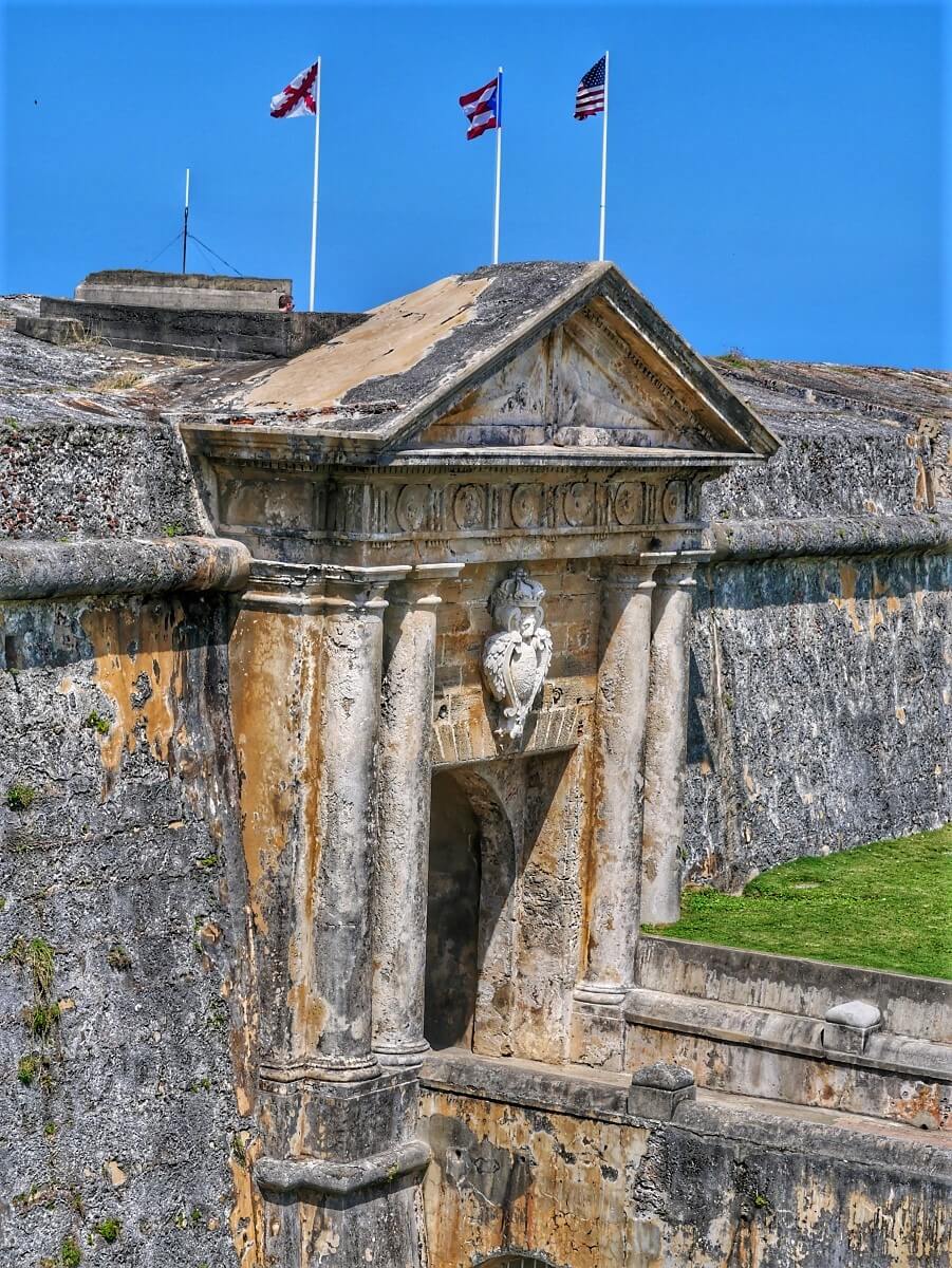 Flags flying over the Old Fort in San Juan, Puerto Rico