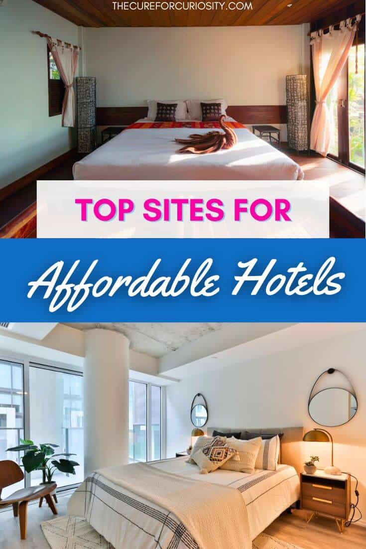 Modern hotel room with large windows and stylish decor for budget travelers.