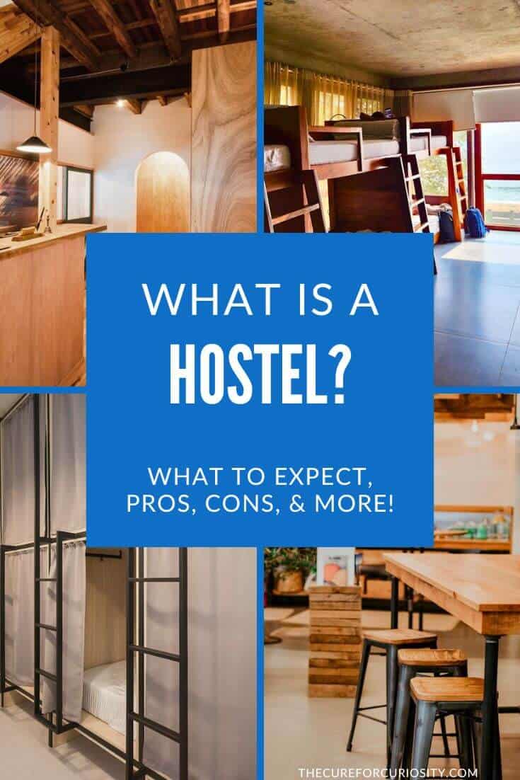 Interior images of a hostel with dorms, common areas, and private rooms.