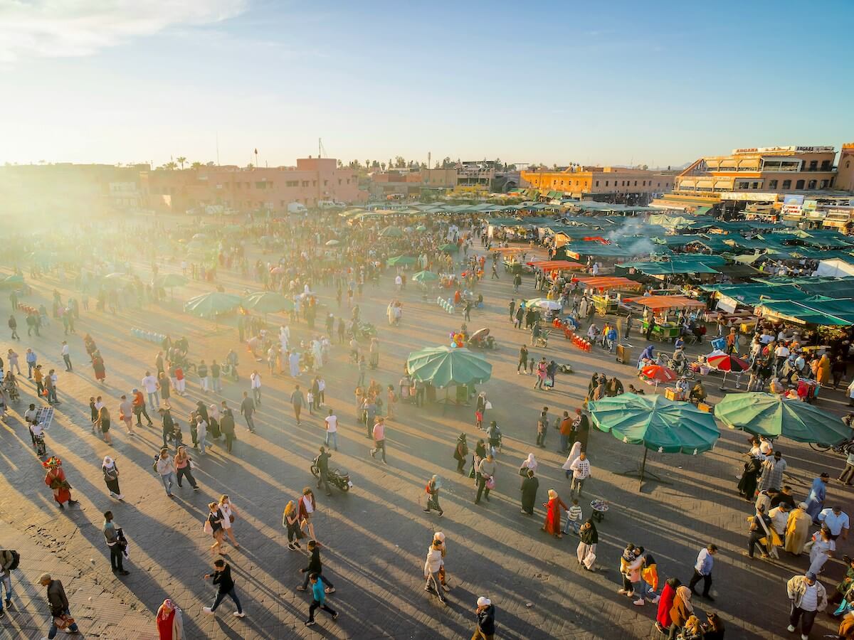 A busy overhead view of Jemaa el-Fin in Marrakech, the main square