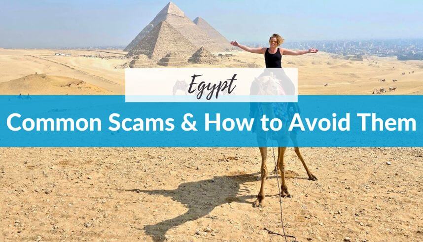 Tourist with camel near pyramids in Egypt, avoiding scams.