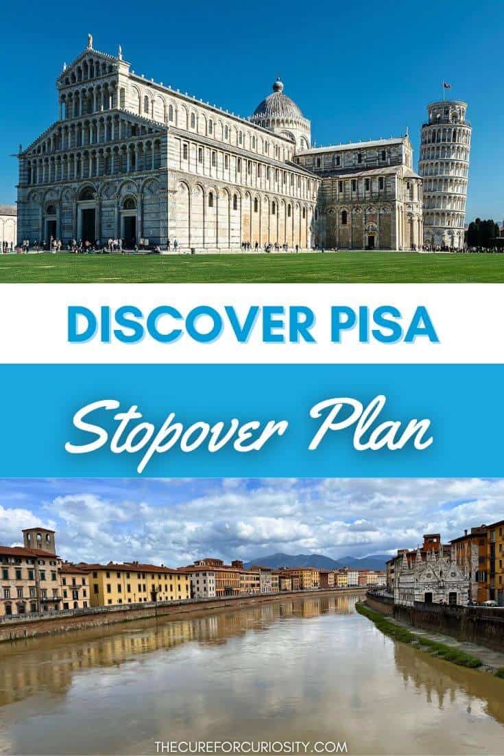 Iconic Leaning Tower of Pisa with historic cityscape and river view.