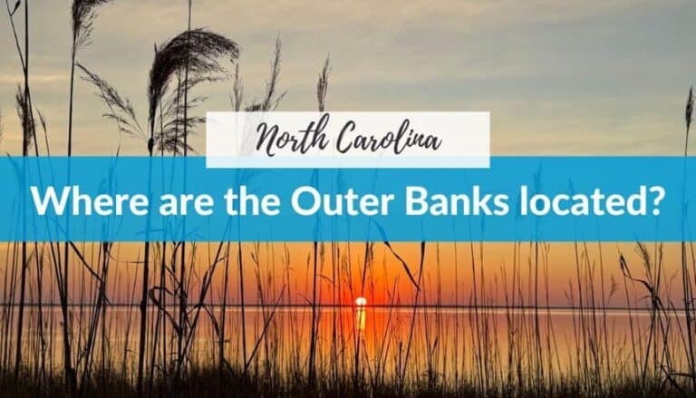 Location of the Outer Banks written over sunset on the sound with reeds