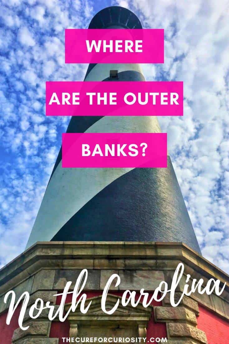 Where are the Outer Banks Located written over a lighthouse