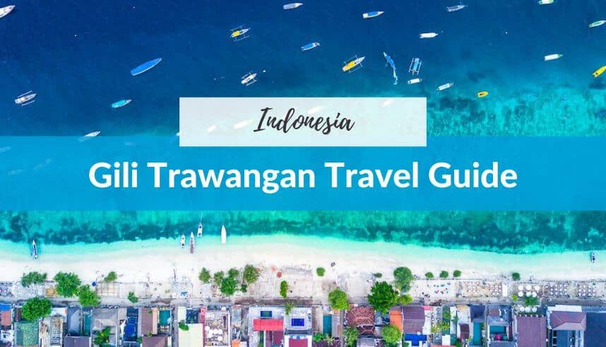 Aerial view of Gili Trawangan with boats and beach.