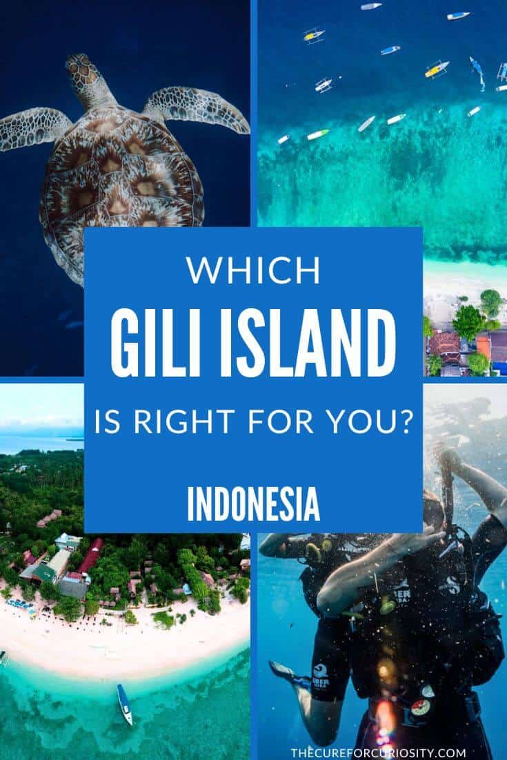Colorful collage of Gili Islands with marine life and beaches for travel planning.