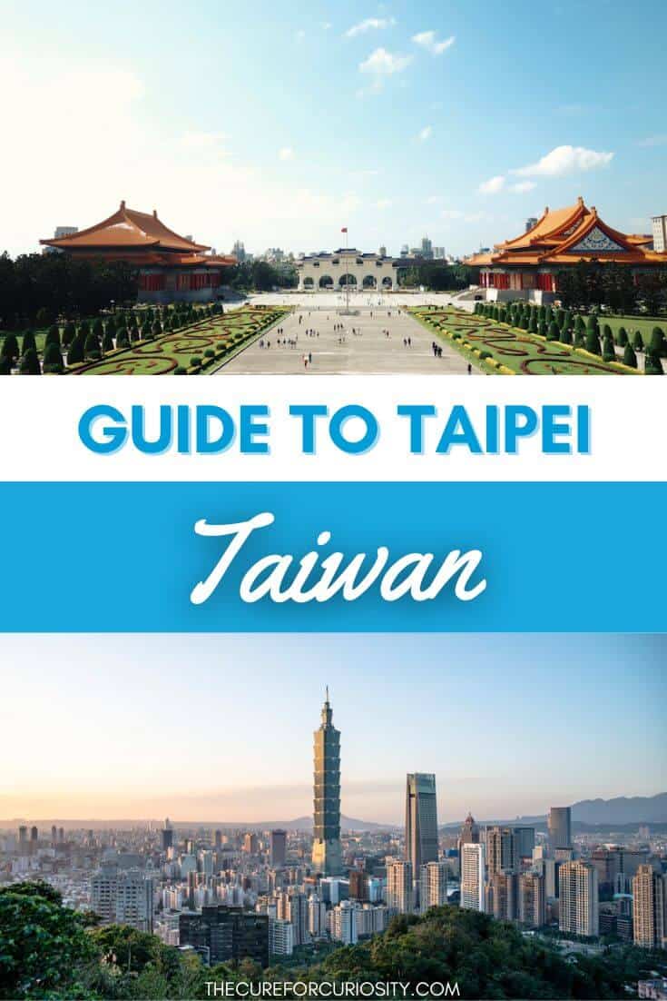 Panoramic view of Taipei with Taipei 101 and traditional temples.