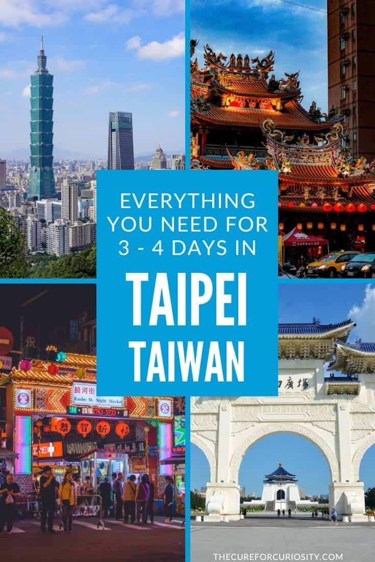 Scenic view of Taipei skyline, traditional temples, and night market scenes.