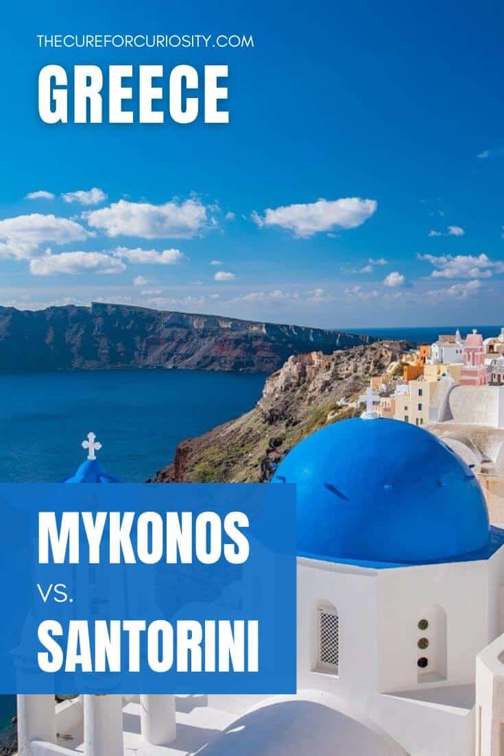 Scenic view of Santorini and Mykonos with blue domes and sea.