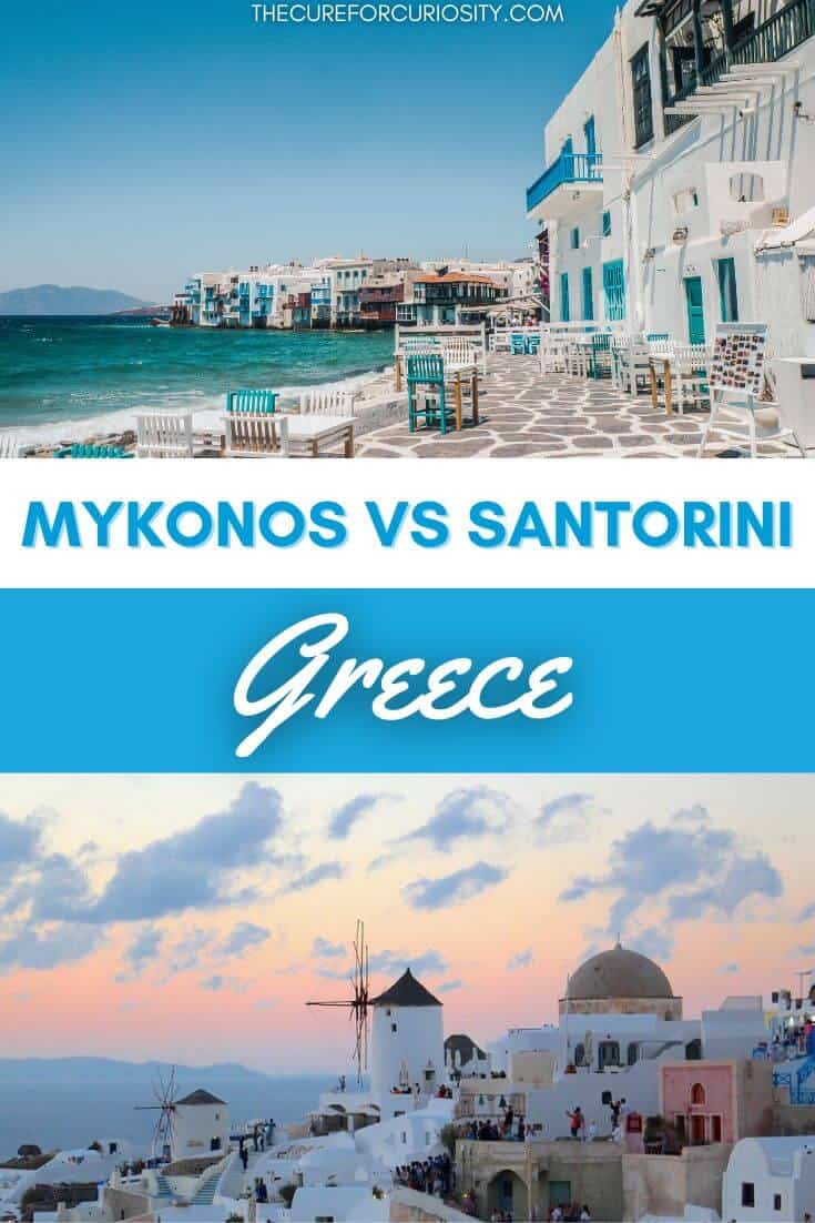 Beautiful view of Santorini and Mykonos with white buildings and blue sea.
