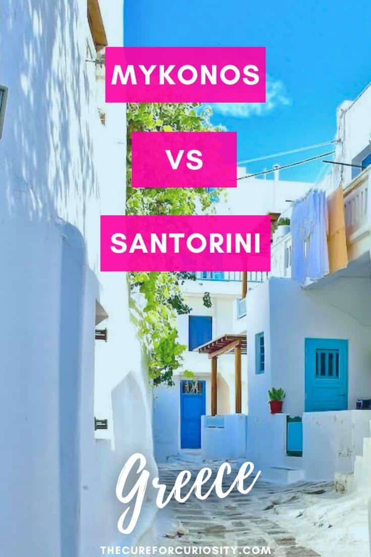 Beautiful white buildings with blue accents in Greece, comparing Mykonos and Santorini.