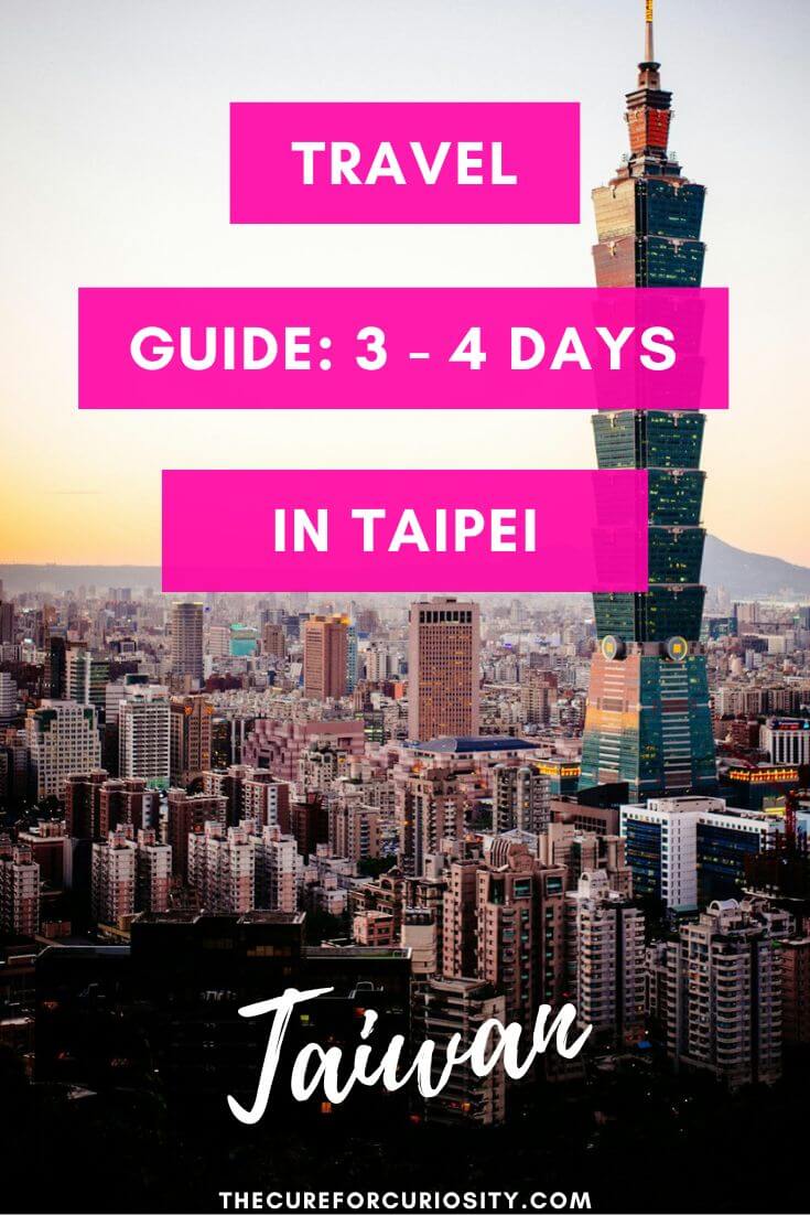 Taipei skyline with Taipei 101 building and travel guide overlay.