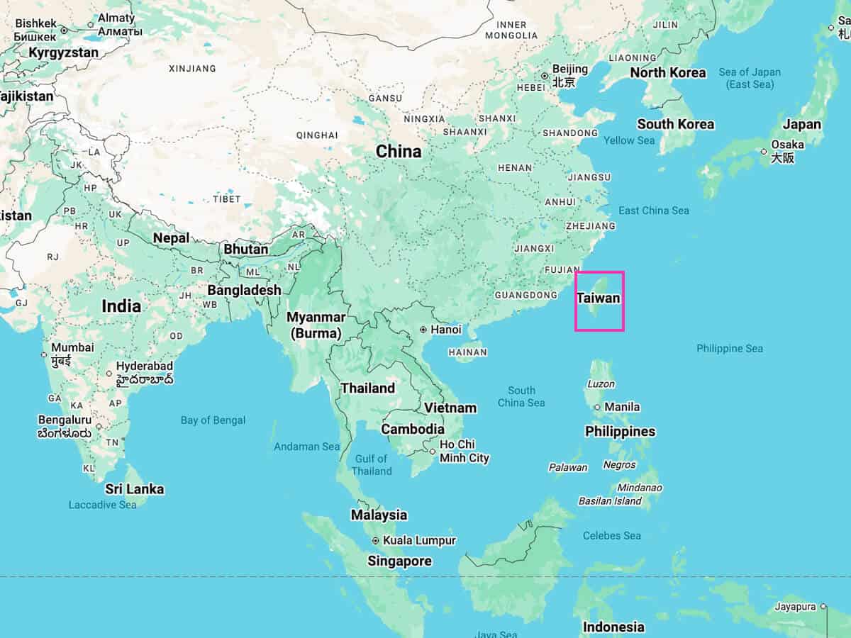 Map showing Taiwan in East Asia, surrounded by China, Japan, and the Philippines.